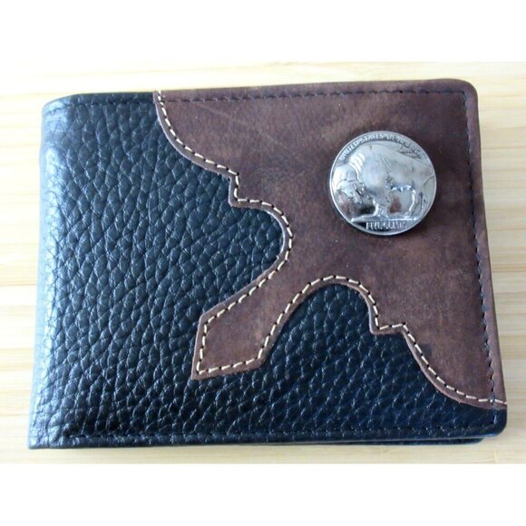 American Bison Other - American Bison Buffalo Nickel 2 Tone Rodeo Bifold Leather Wallet Black Brown NEW